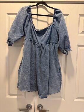 Casual Blue Denim-Look Puff Sleeve Women's Dress
